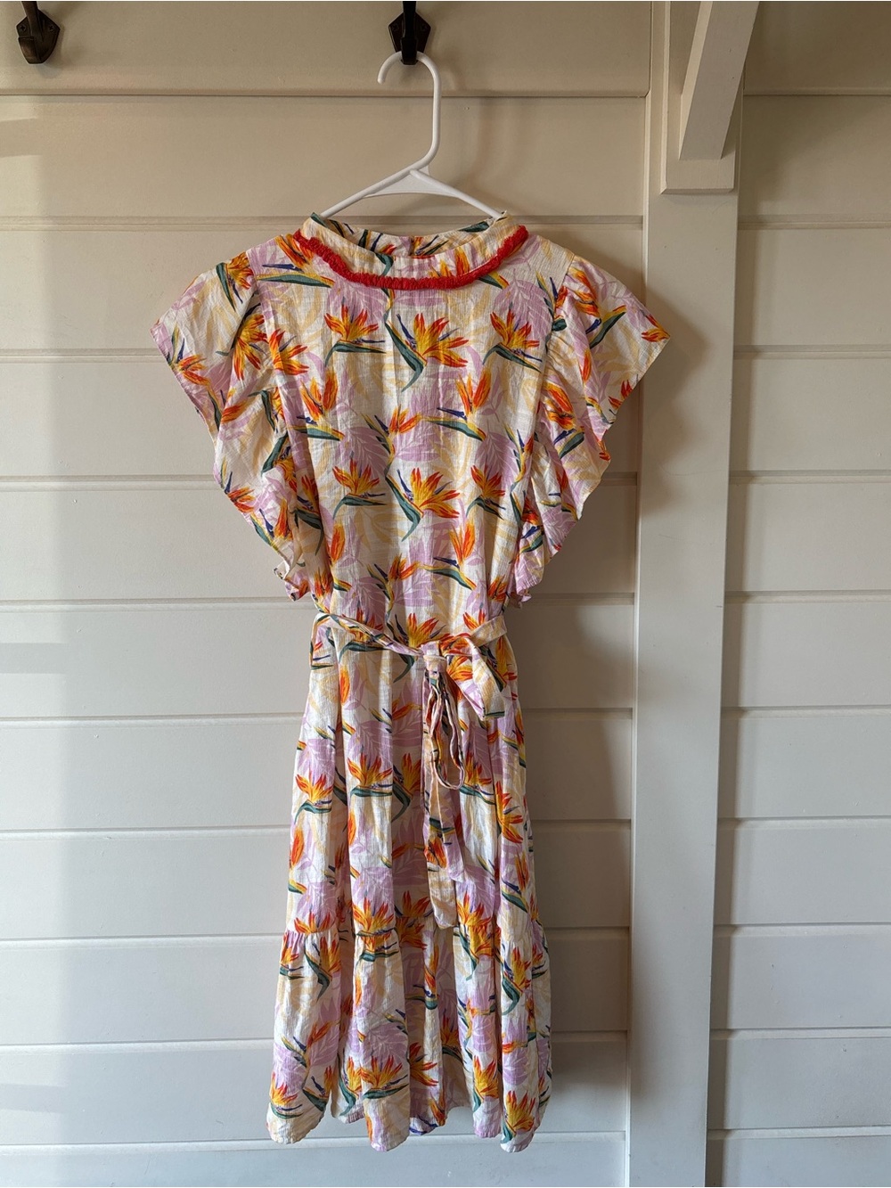 THML Anthropology Cream Midi Dress with Orange/Pink Floral Print flutter sleeves